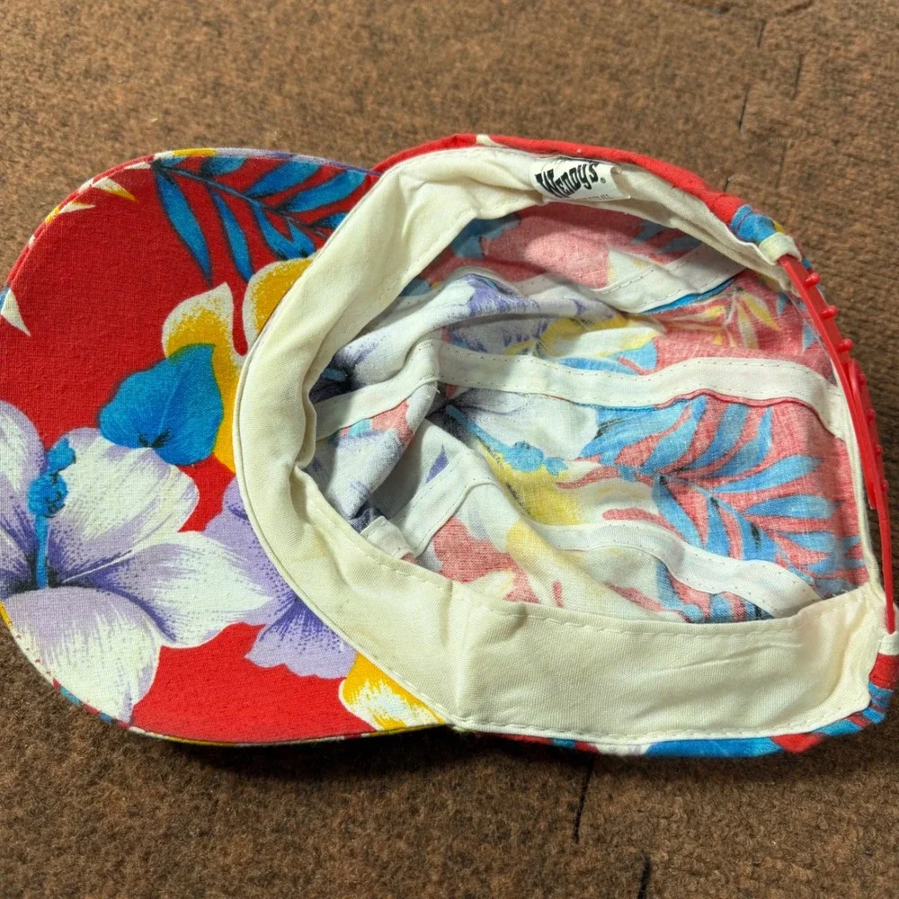 Vintage Wendys Floral Painter Cap Red Tropical‎ Hibiscus Snapback Hat RN 70841